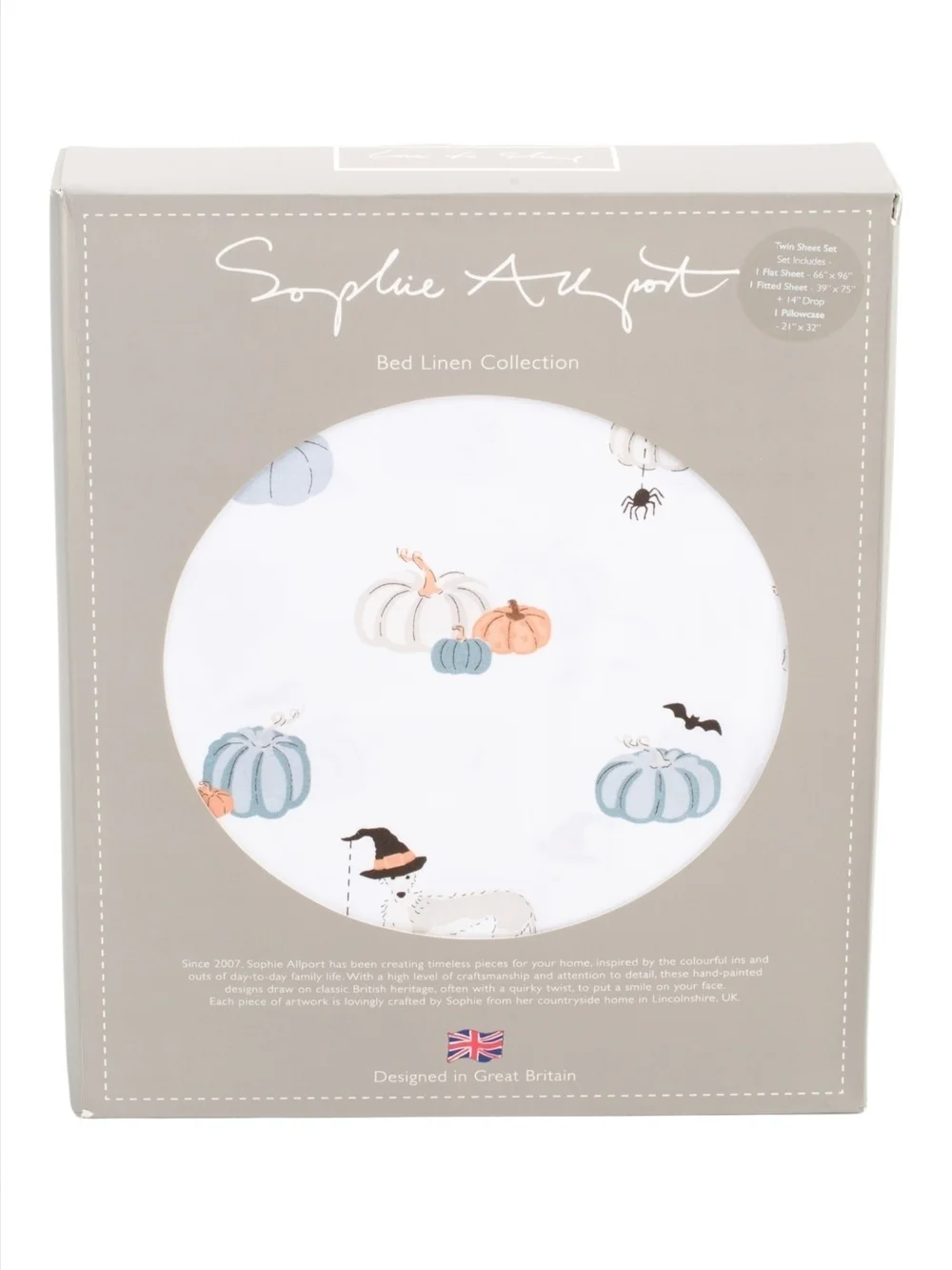 Sophie Allport Halloween Bedding Set Sheets with pumpkins, bats, and Dog Queen
